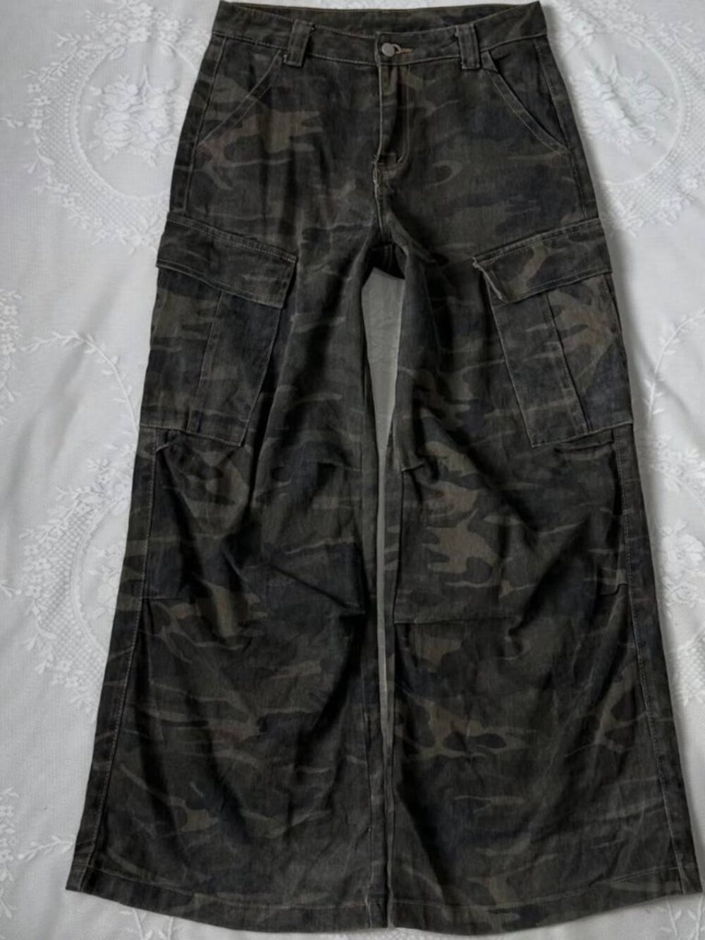 Y2K Black Camo Cargo Pants Utility Trousers Multi Pocket Baggy Streetwear